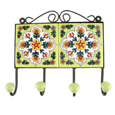 Pea Green With White Floral Ceramic Tile Hook Online